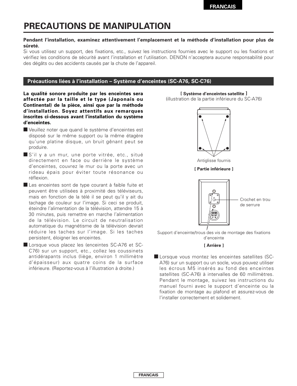 Precautions de manipulation | Denon SYS-76HT User Manual | Page 27 / 79