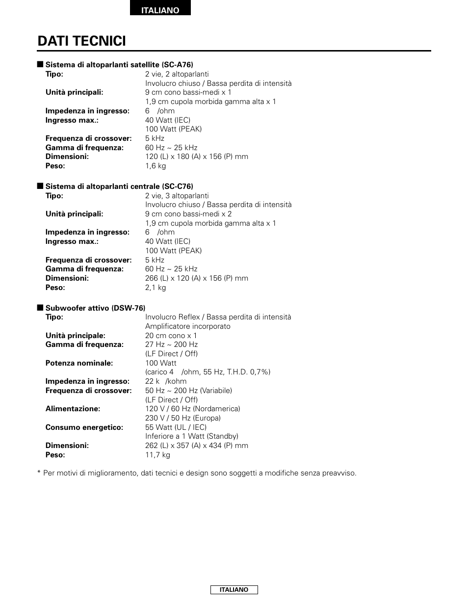 Dati tecnici | Denon SYS-76HT User Manual | Page 46 / 79