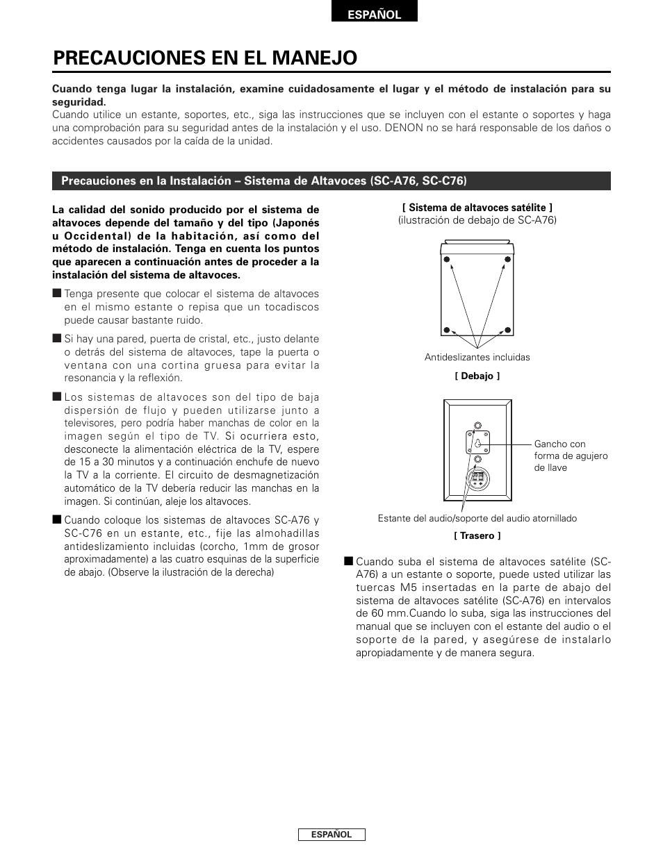 Precauciones en el manejo | Denon SYS-76HT User Manual | Page 47 / 79