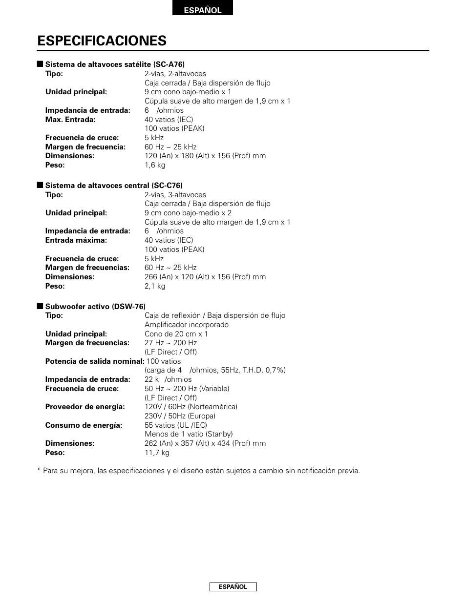 Especificaciones | Denon SYS-76HT User Manual | Page 56 / 79