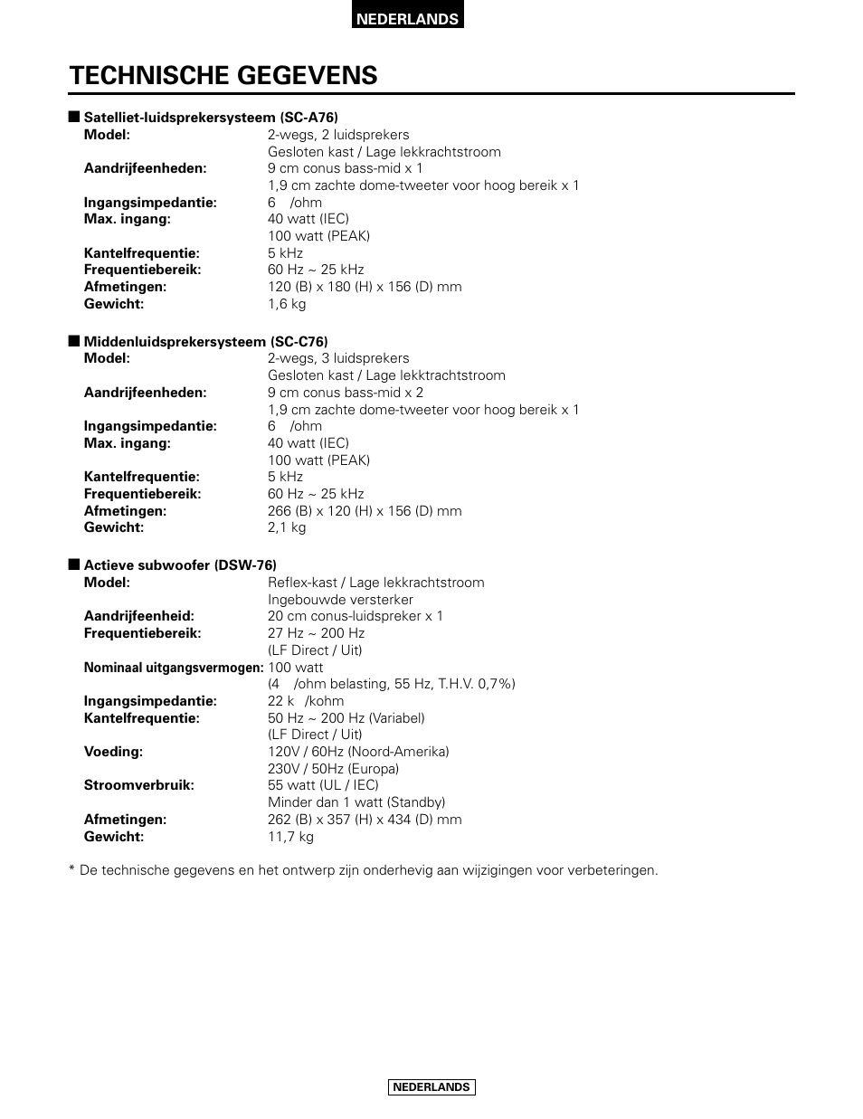 Technische gegevens | Denon SYS-76HT User Manual | Page 66 / 79