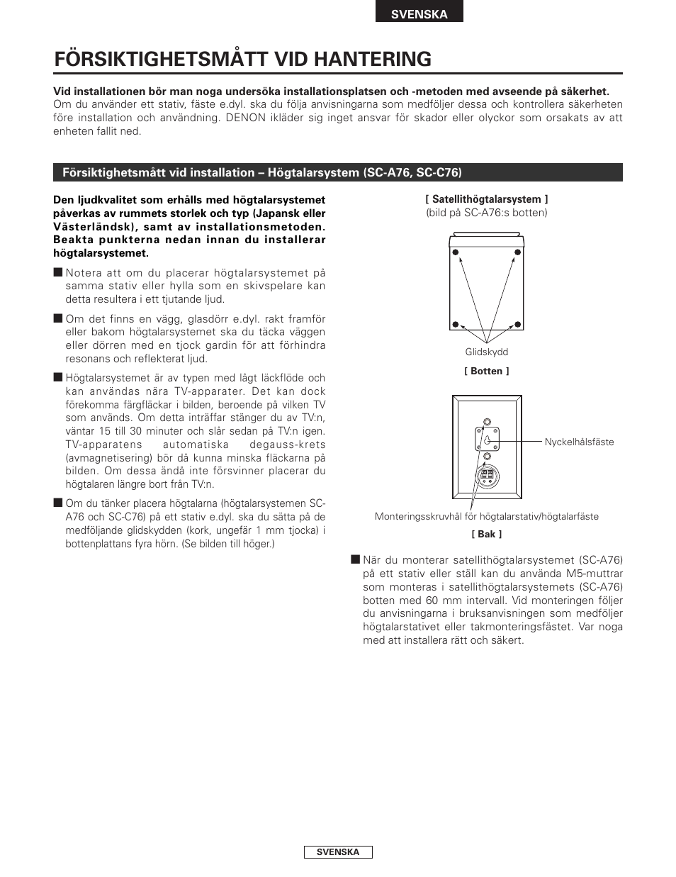 Försiktighetsmått vid hantering | Denon SYS-76HT User Manual | Page 67 / 79