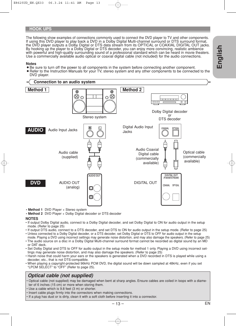 English, Optical cable (not supplied), Audio dvd | Denon DVM-1835 User Manual | Page 13 / 32