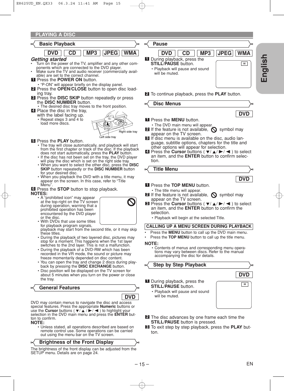 English, Wma jpeg mp3 cd dvd | Denon DVM-1835 User Manual | Page 15 / 32