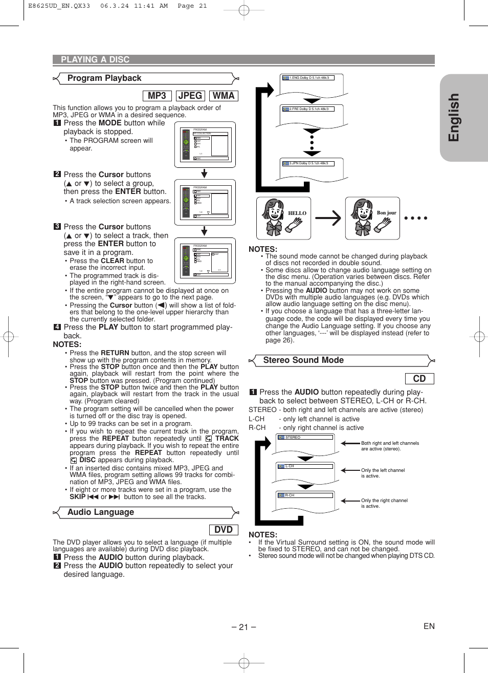 English, Wma jpeg mp3, Playing a disc program playback | Stereo sound mode, Audio language, Press the mode button while playback is stopped | Denon DVM-1835 User Manual | Page 21 / 32