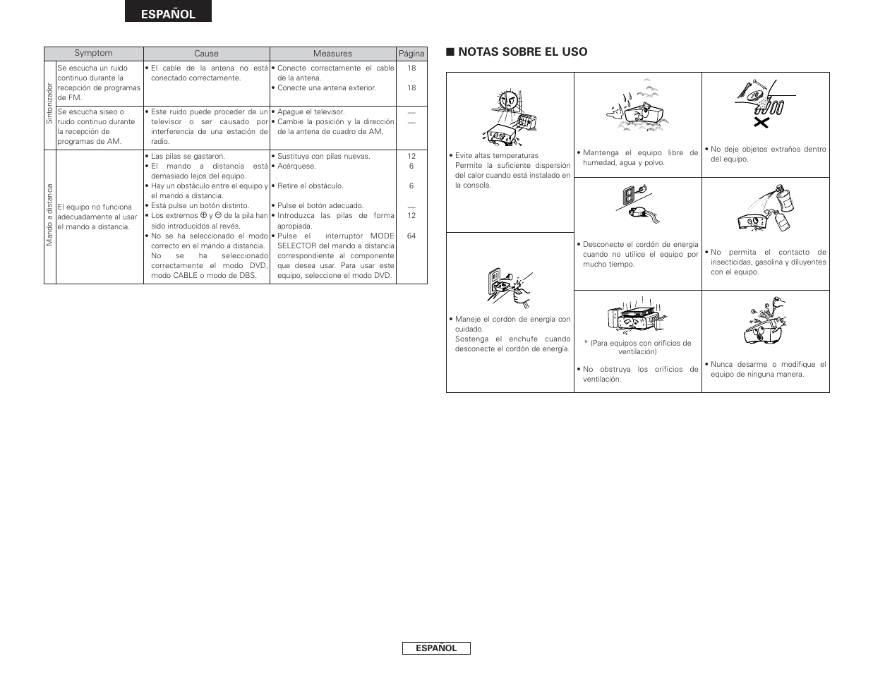 Español, Notas sobre el uso | Denon S-301 User Manual | Page 142 / 148