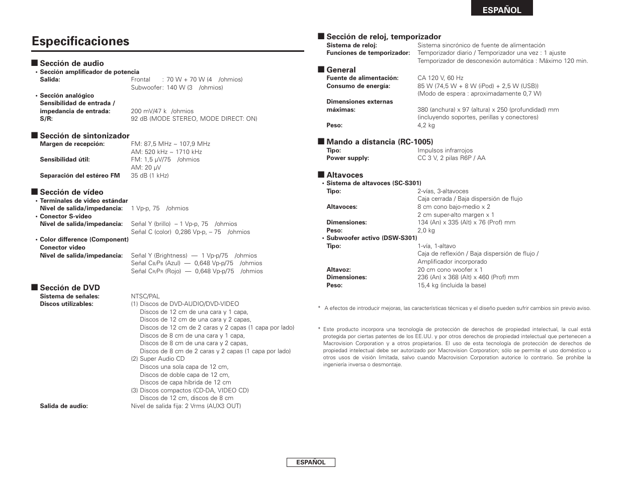 Especificaciones | Denon S-301 User Manual | Page 143 / 148