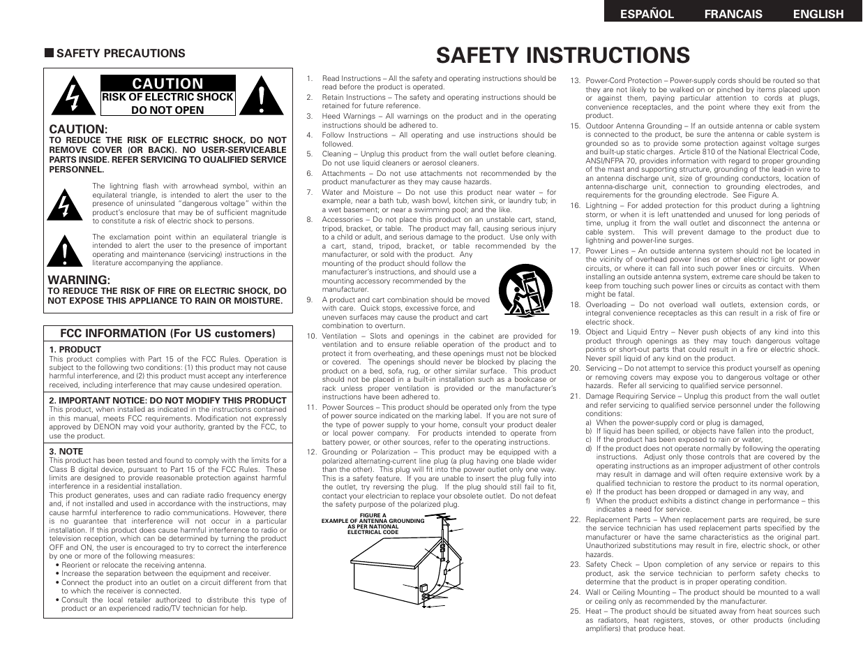 Safety instructions, Caution, Warning | English francais español | Denon S-301 User Manual | Page 2 / 148