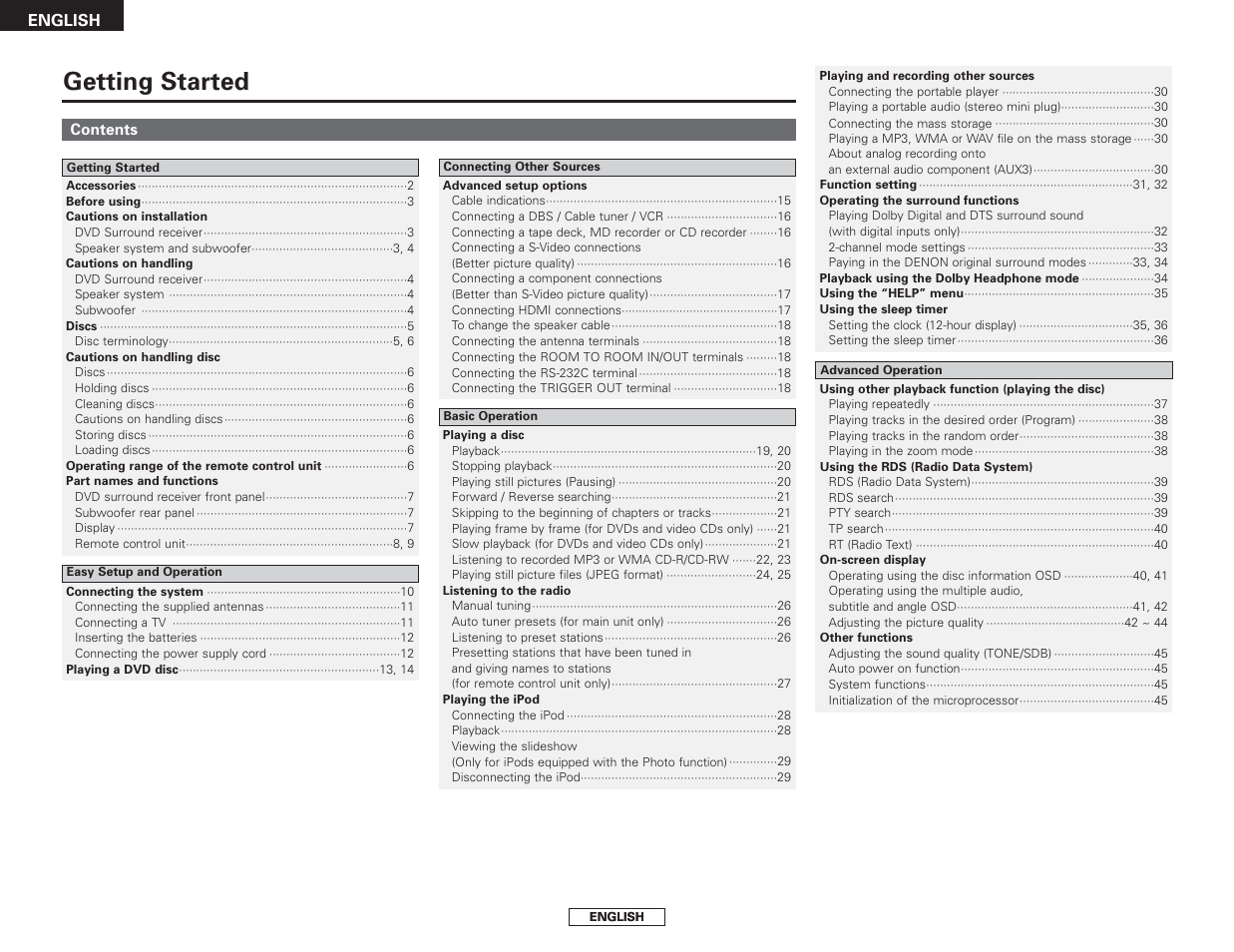 English pg. 4 (1), Getting started | Denon S-301 User Manual | Page 4 / 148