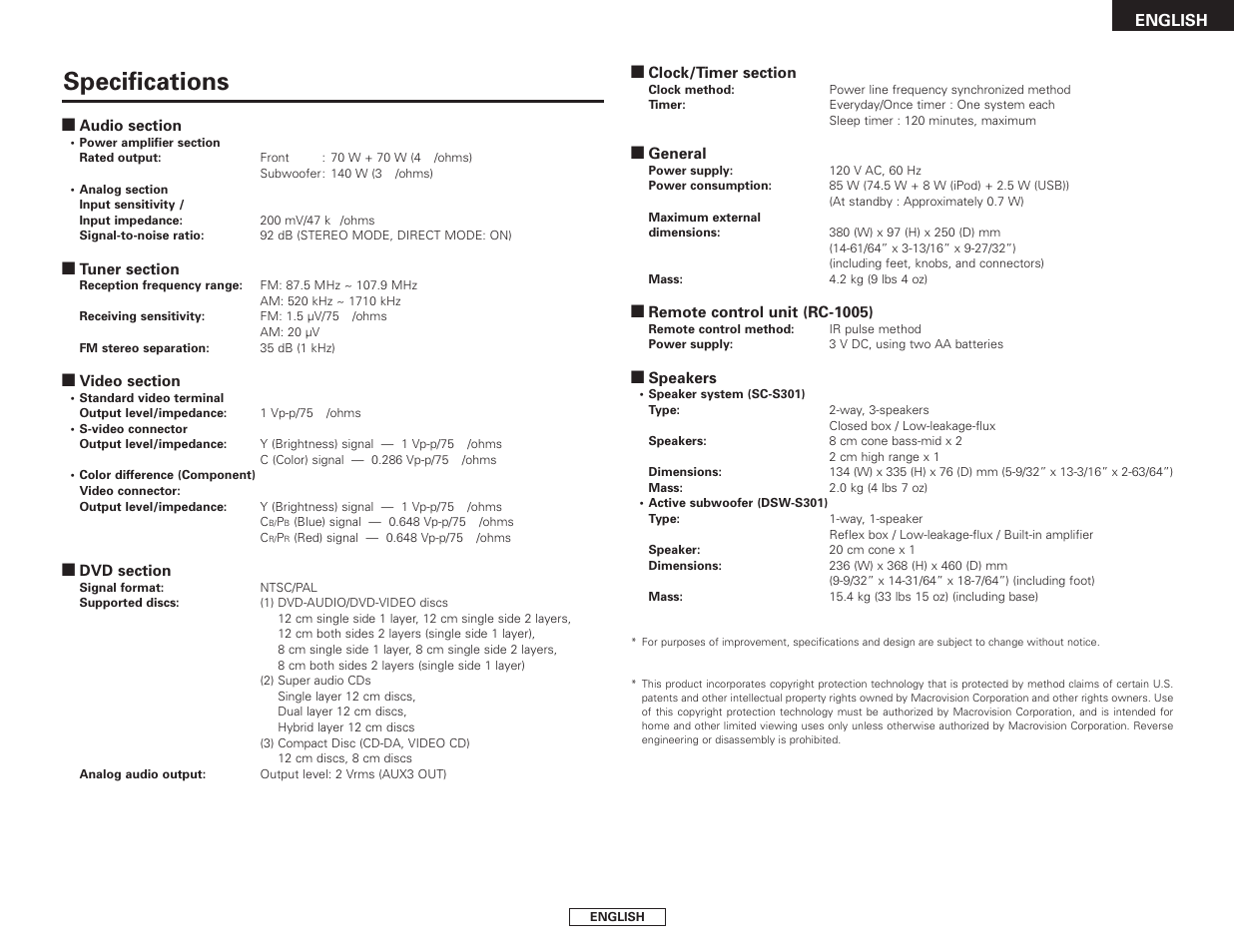 Specifications | Denon S-301 User Manual | Page 73 / 148