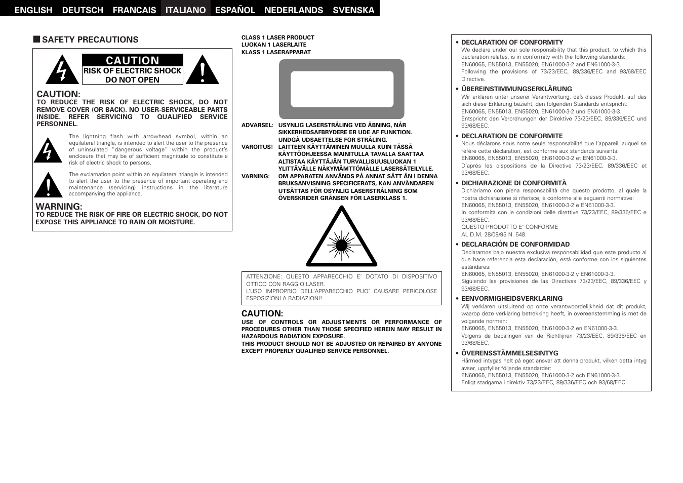 Caution, Class 1 laser product | Denon DCD-700AE User Manual | Page 2 / 104