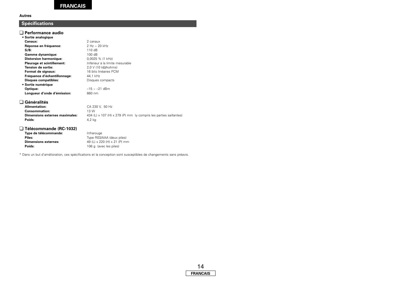 Francais | Denon DCD-700AE User Manual | Page 46 / 104