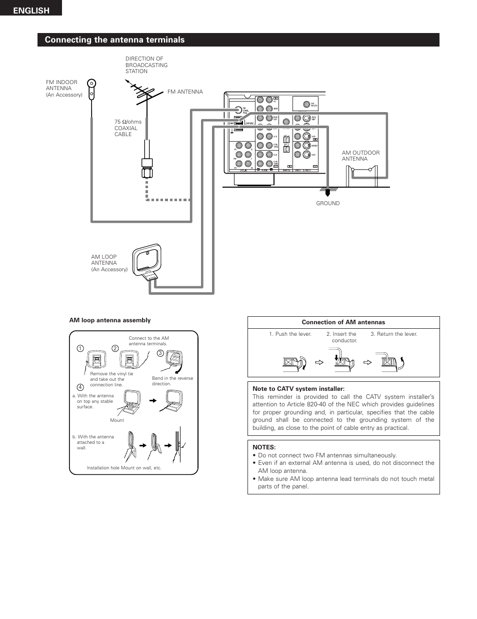 Connecting the antenna terminals, English | Denon 685 User Manual | Page 14 / 75