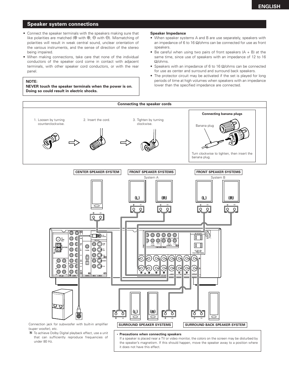 Speaker system connections, English | Denon 685 User Manual | Page 15 / 75