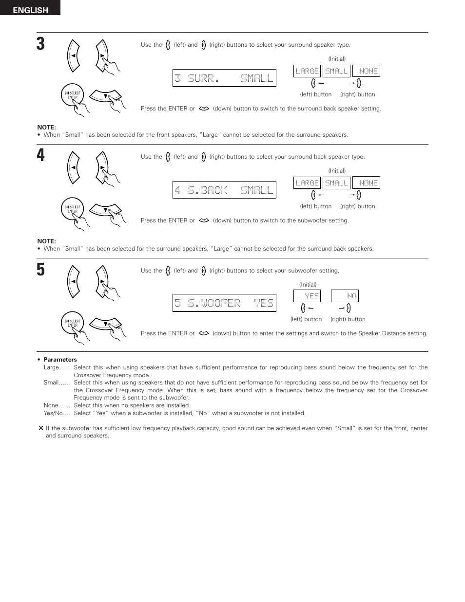 5 s.woofer yes, 4 s.back small, 3 surr. small | Denon 685 User Manual | Page 20 / 75