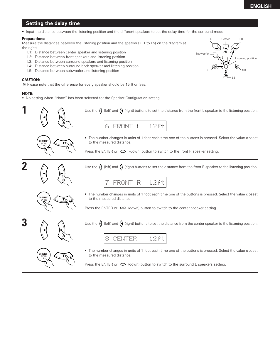 8 center 12ft, 6 front l 12ft, 7 front r 12ft | Setting the delay time | Denon 685 User Manual | Page 21 / 75