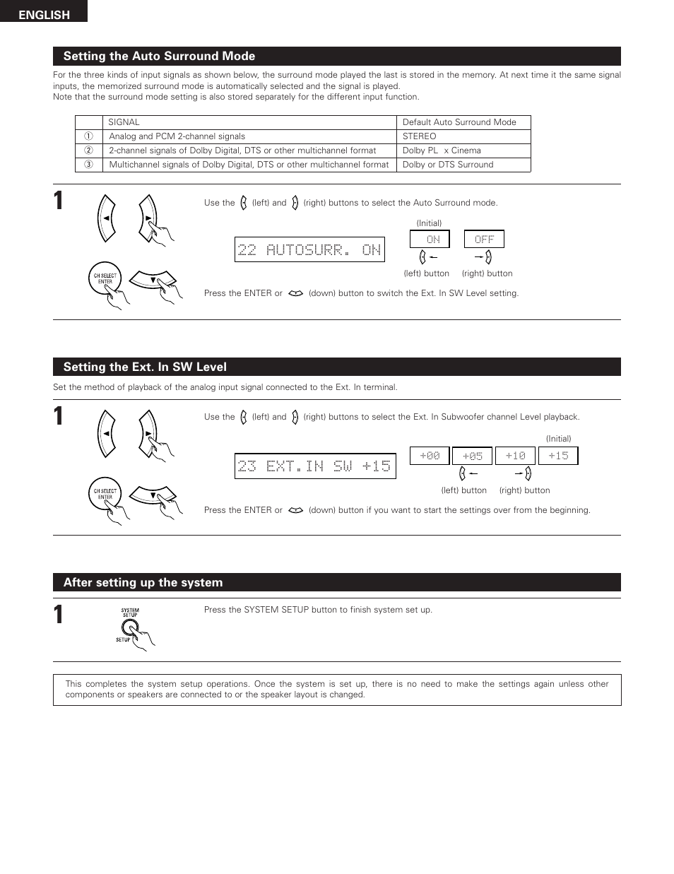 22 autosurr. on, 23 ext.in sw +15 | Denon 685 User Manual | Page 28 / 75