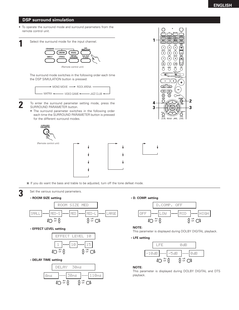 Dsp surround simulation | Denon 685 User Manual | Page 49 / 75