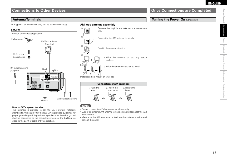 Connections to other devices, Once connections are completed, Antenna terminals | Turning the power on | Denon S-102 User Manual | Page 17 / 48