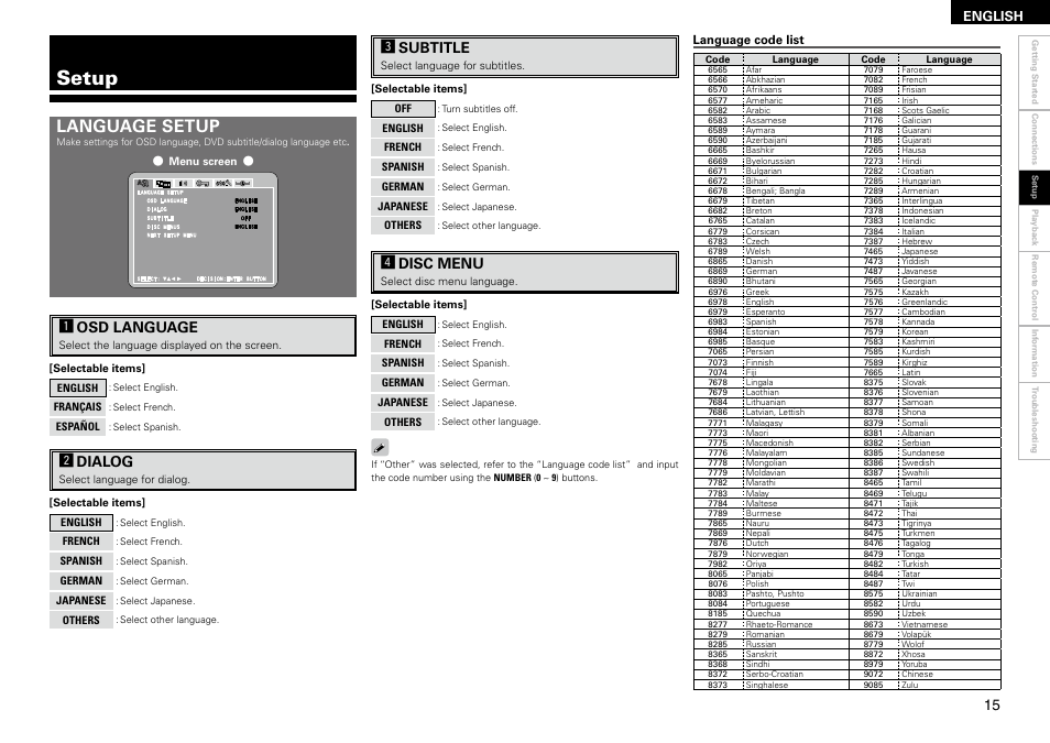 Setup, Language setup, Aosd language | Sdialog, Dsubtitle, Fdisc menu, English | Denon S-102 User Manual | Page 19 / 48