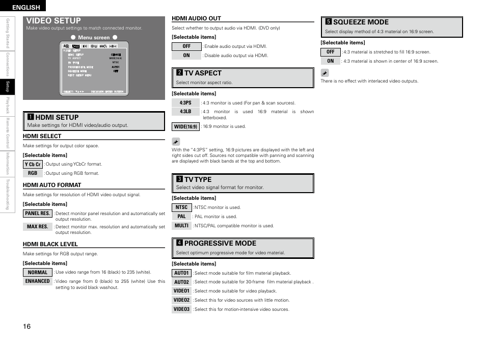 Video setup | Denon S-102 User Manual | Page 20 / 48