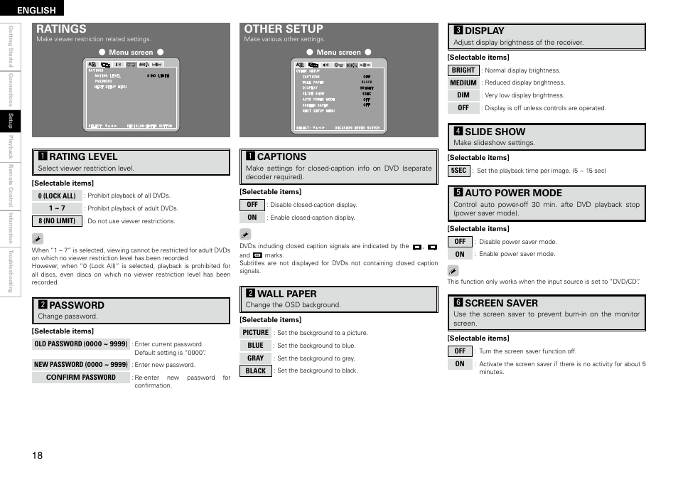 Ratings, Other setup | Denon S-102 User Manual | Page 22 / 48