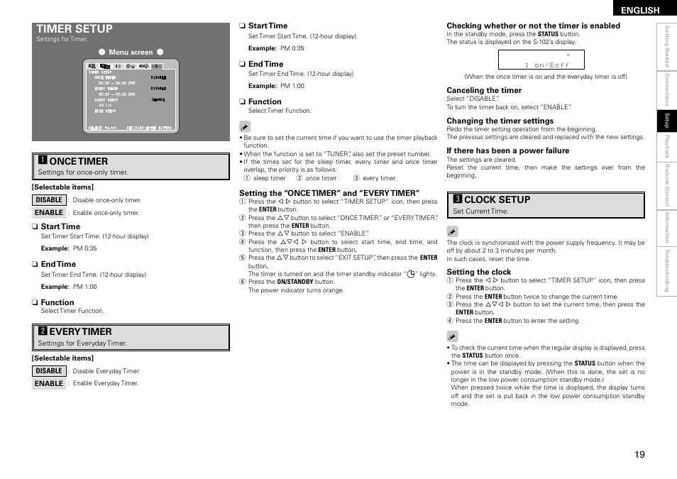 Timer setup, Aonce timer, Severy timer | Dclock setup | Denon S-102 User Manual | Page 23 / 48