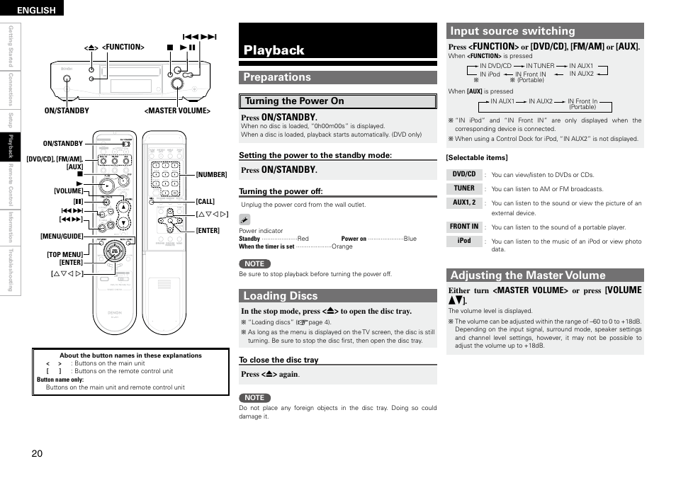 Playback, Preparations, Input source switching | Loading discs, Adjusting the master volume | Denon S-102 User Manual | Page 24 / 48