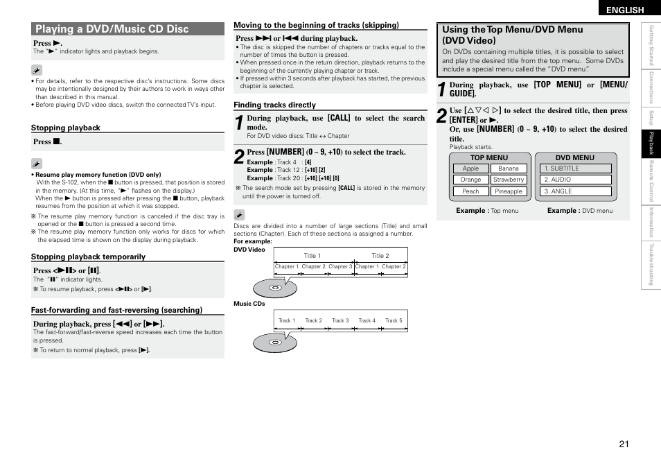 Playing a dvd/music cd disc | Denon S-102 User Manual | Page 25 / 48