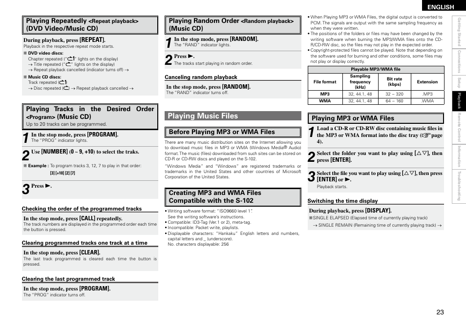 Playing music files | Denon S-102 User Manual | Page 27 / 48