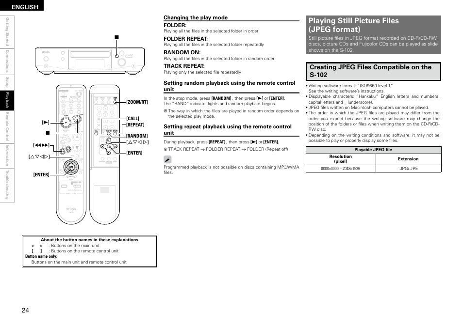 Playing still picture files (jpeg format), Creating jpeg files compatible on the s-102 | Denon S-102 User Manual | Page 28 / 48