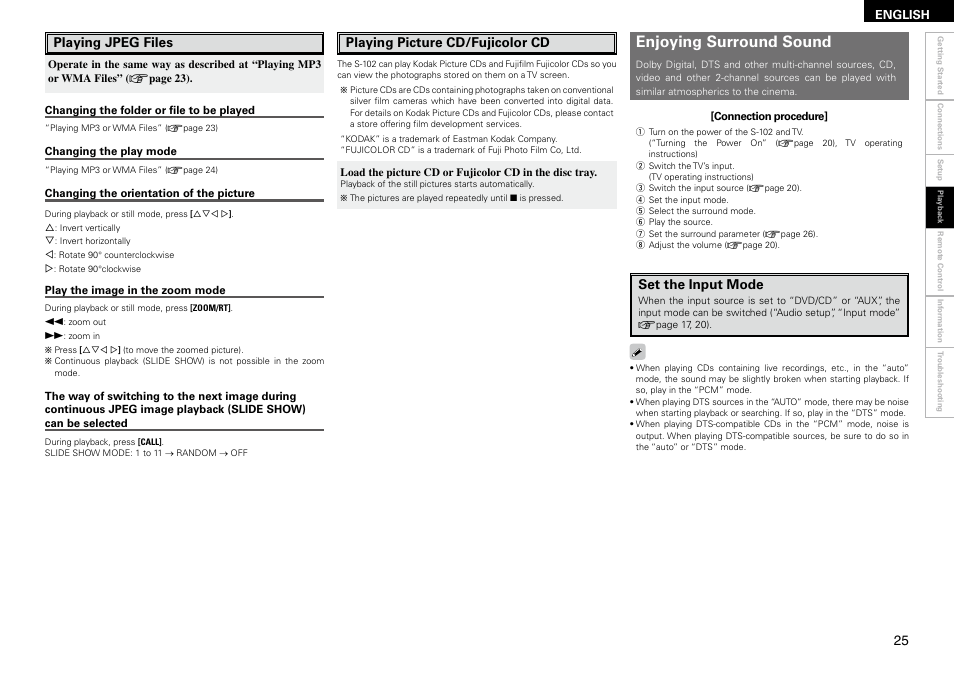 Enjoying surround sound, Playing picture cd/fujicolor cd, Set the input mode | Playing jpeg files | Denon S-102 User Manual | Page 29 / 48