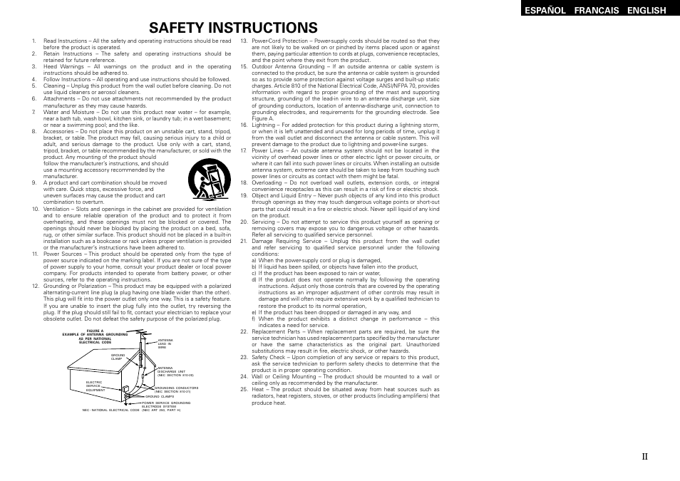 Safety instructions, English francais, Español | Denon S-102 User Manual | Page 3 / 48