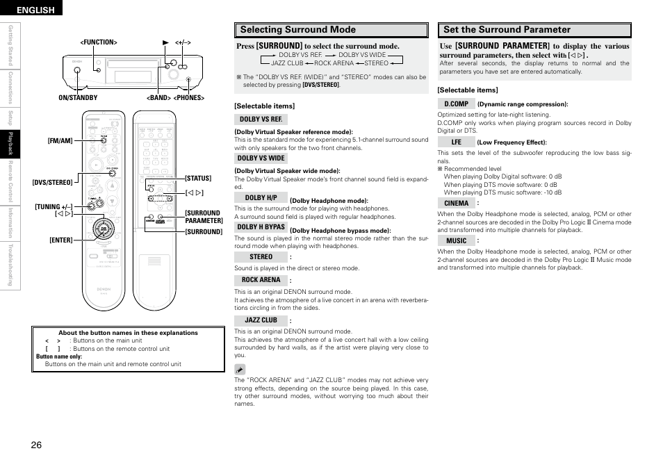 Set the surround parameter, Selecting surround mode | Denon S-102 User Manual | Page 30 / 48