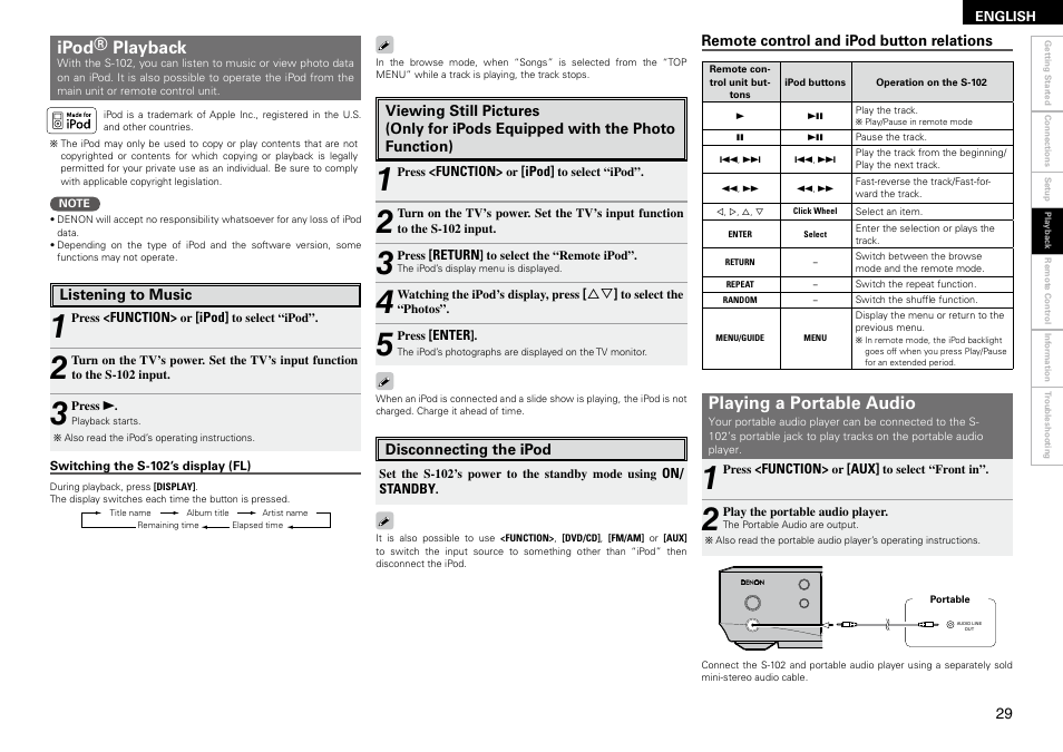 Ipod® playback, Playing a portable audio | Denon S-102 User Manual | Page 33 / 48