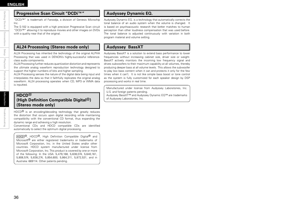 Progressive scan circuit “dcdi, Al24 processing (stereo mode only), Audyssey dynamic eq | Audyssey bassxt | Denon S-102 User Manual | Page 40 / 48
