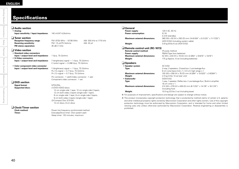 Specifications, English | Denon S-102 User Manual | Page 44 / 48