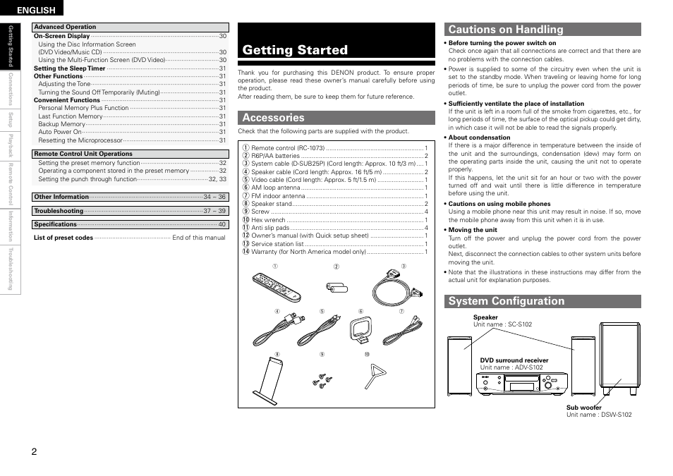 Getting started, Accessories cautions on handling, System configuration | Denon S-102 User Manual | Page 6 / 48