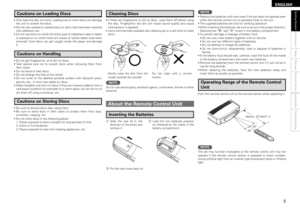 About the remote control unit, Cleaning discs | Denon S-102 User Manual | Page 9 / 48