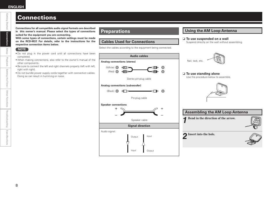 Connections, Preparations, Assembling the am loop antenna | Denon RCD-M37 User Manual | Page 12 / 39