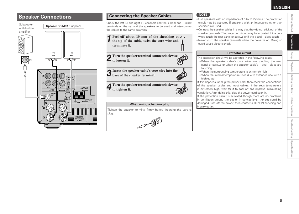 Speaker connections | Denon RCD-M37 User Manual | Page 13 / 39