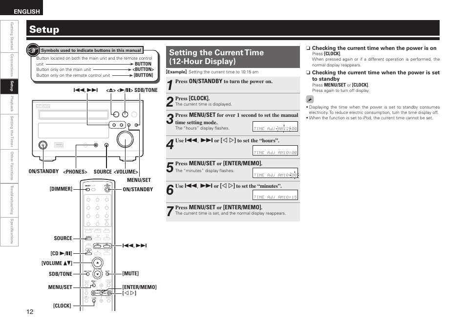 Setup, Setting the current time (12-hour display) | Denon RCD-M37 User Manual | Page 16 / 39