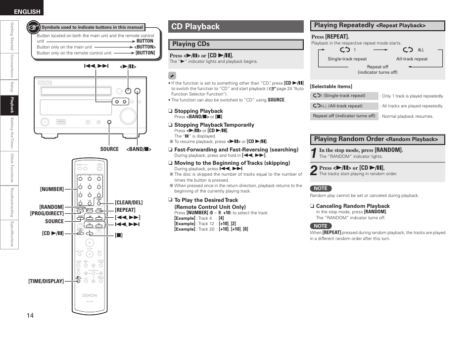 Cd playback, Playing repeatedly, Playing random order | Playing cds | Denon RCD-M37 User Manual | Page 18 / 39