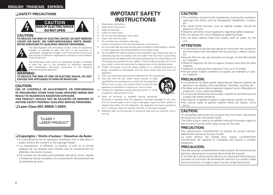 Impotant safety instructions, Caution | Denon RCD-M37 User Manual | Page 2 / 39