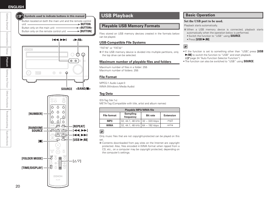 Usb playback, Basic operation | Denon RCD-M37 User Manual | Page 24 / 39
