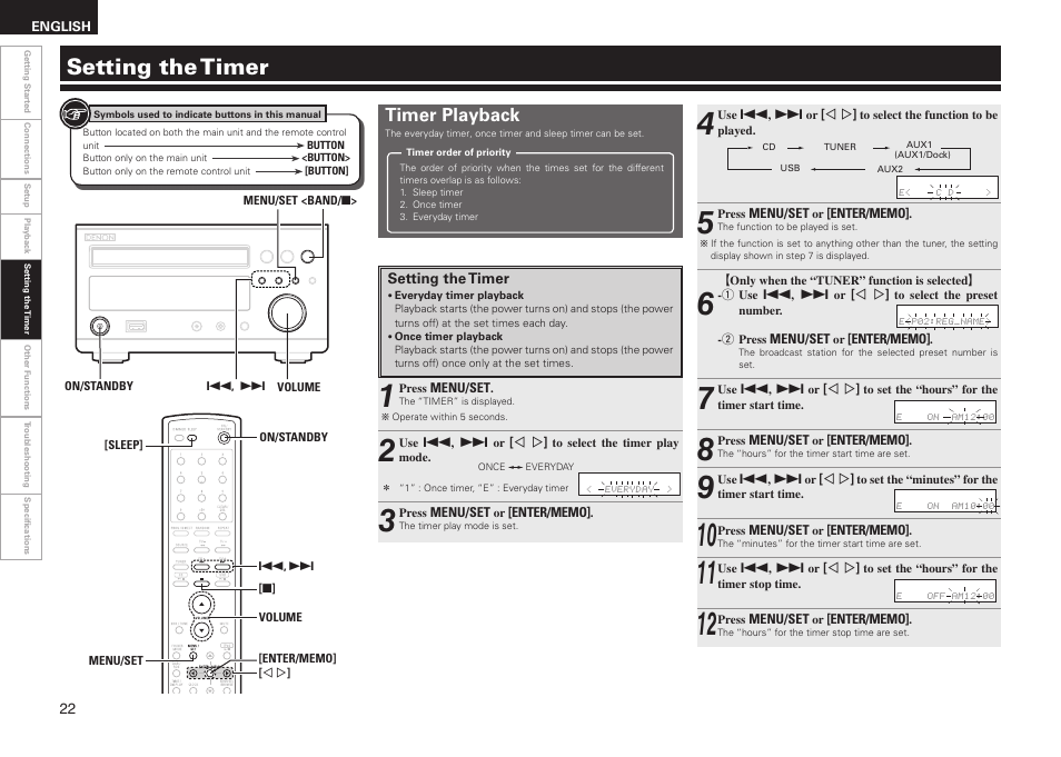 Setting the timer, Timer playback | Denon RCD-M37 User Manual | Page 26 / 39
