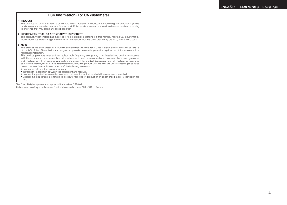 English francais español | Denon RCD-M37 User Manual | Page 3 / 39