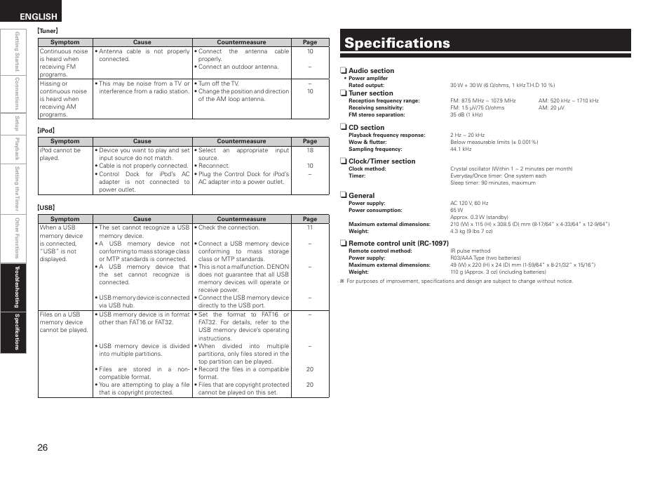 Specifications, English | Denon RCD-M37 User Manual | Page 30 / 39