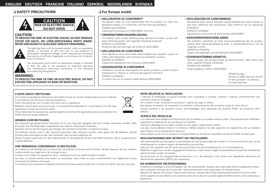 Caution, Warning | Denon RCD-M37 User Manual | Page 33 / 39