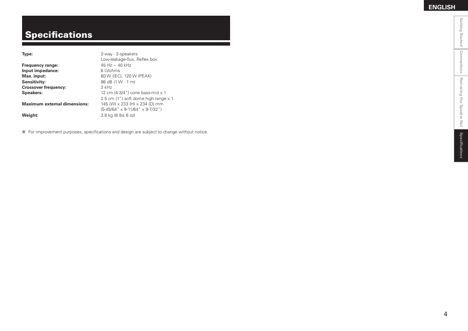 Specifications, English | Denon RCD-M37 User Manual | Page 38 / 39